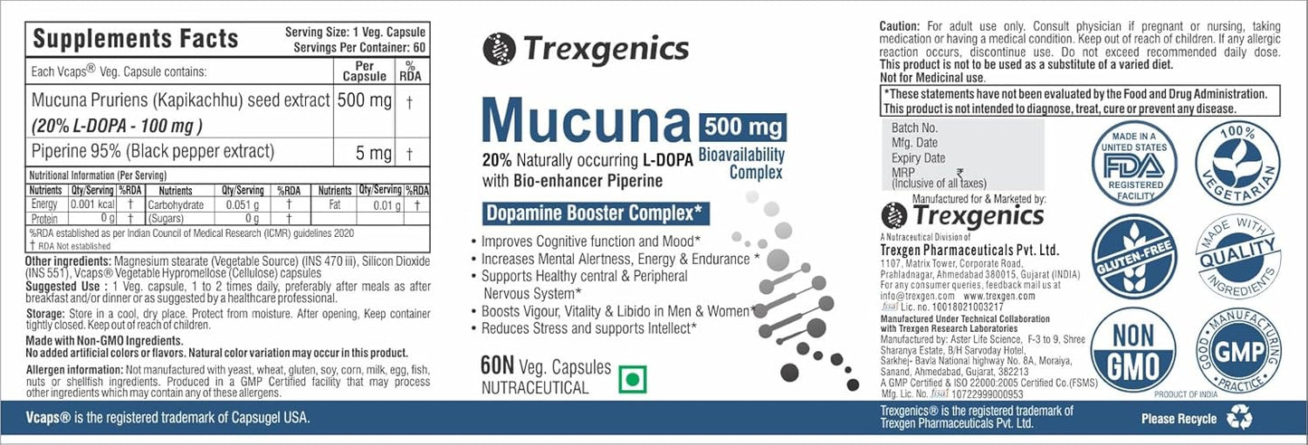 Trexgenics MUCUNA (20% L-Dopa) Pruriens (Kapikachhu) 500mg with Bio-enhancer Piperine 5mg Dopamine Booster Complex, Brain function, Nervous System (60 Vcaps) (1)