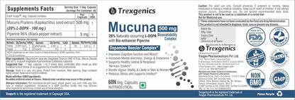 Trexgenics MUCUNA (20% L-Dopa) Pruriens (Kapikachhu) 500mg with Bio-enhancer Piperine 5mg Dopamine Booster Complex, Brain function, Nervous System (60 Vcaps) (1)