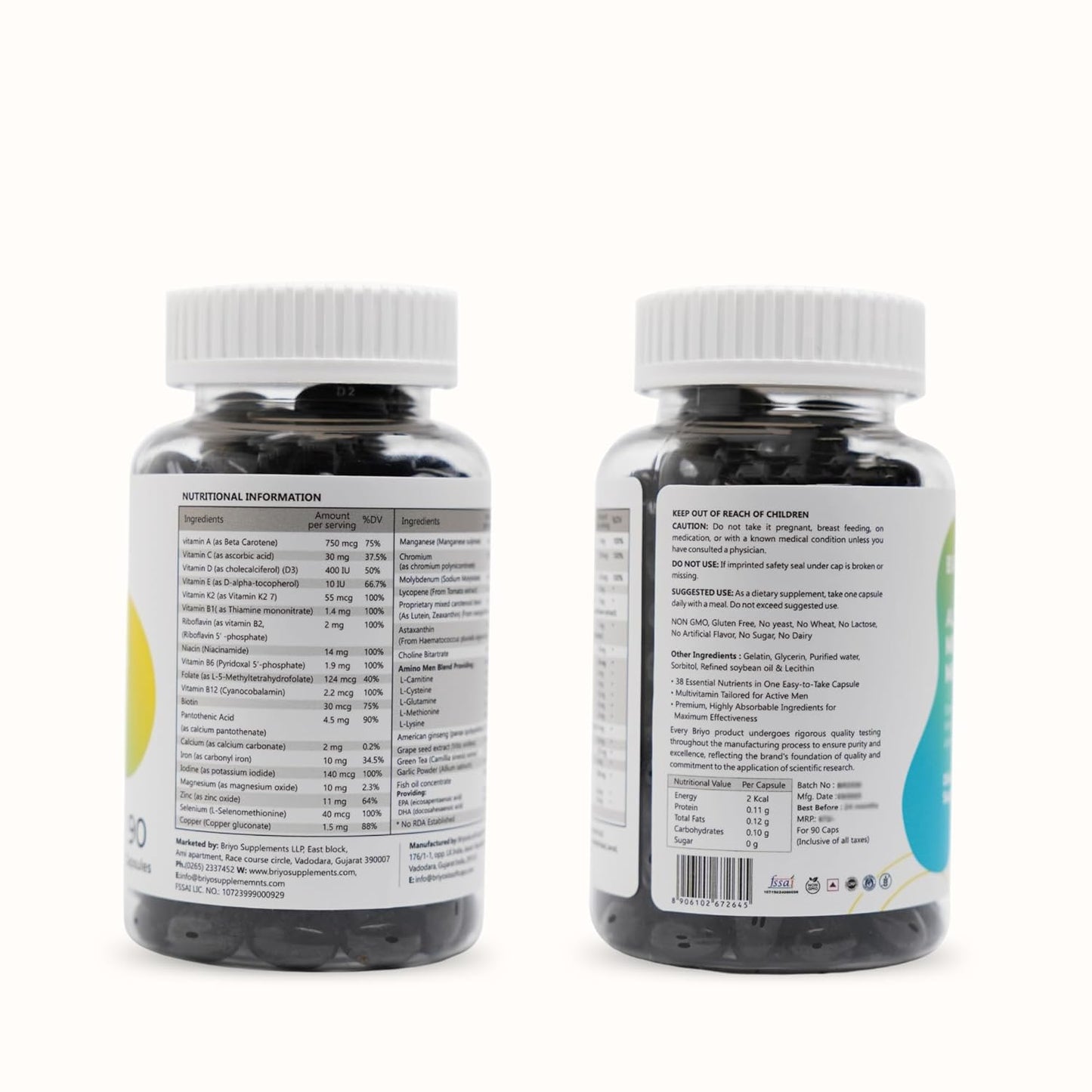 Briyo Menâ€™s Multivitamin All Around Men Multivitamin- 38 nutrients in 1 conveniently sized capsule (Vitamins, Minerals, Natural extracts, Amino acids & more) Overall Health and Immune Support