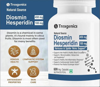 Trexgenics DIOSMIN 450mg, HESPERIDIN 100 mg Natural Source, Varicose, Spider Veins & Restless Leg Syndrome Support (60 Veg Capsules) (Pack of 1)