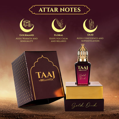 BELLAVITA TAAJ Gold Oud Unisex Long Lasting Attar for Man and Woman 12ml | Caramel, Rose, Jasmine and Orris | Non-Alcoholic Roll On | Ideal Gift for Men and Women