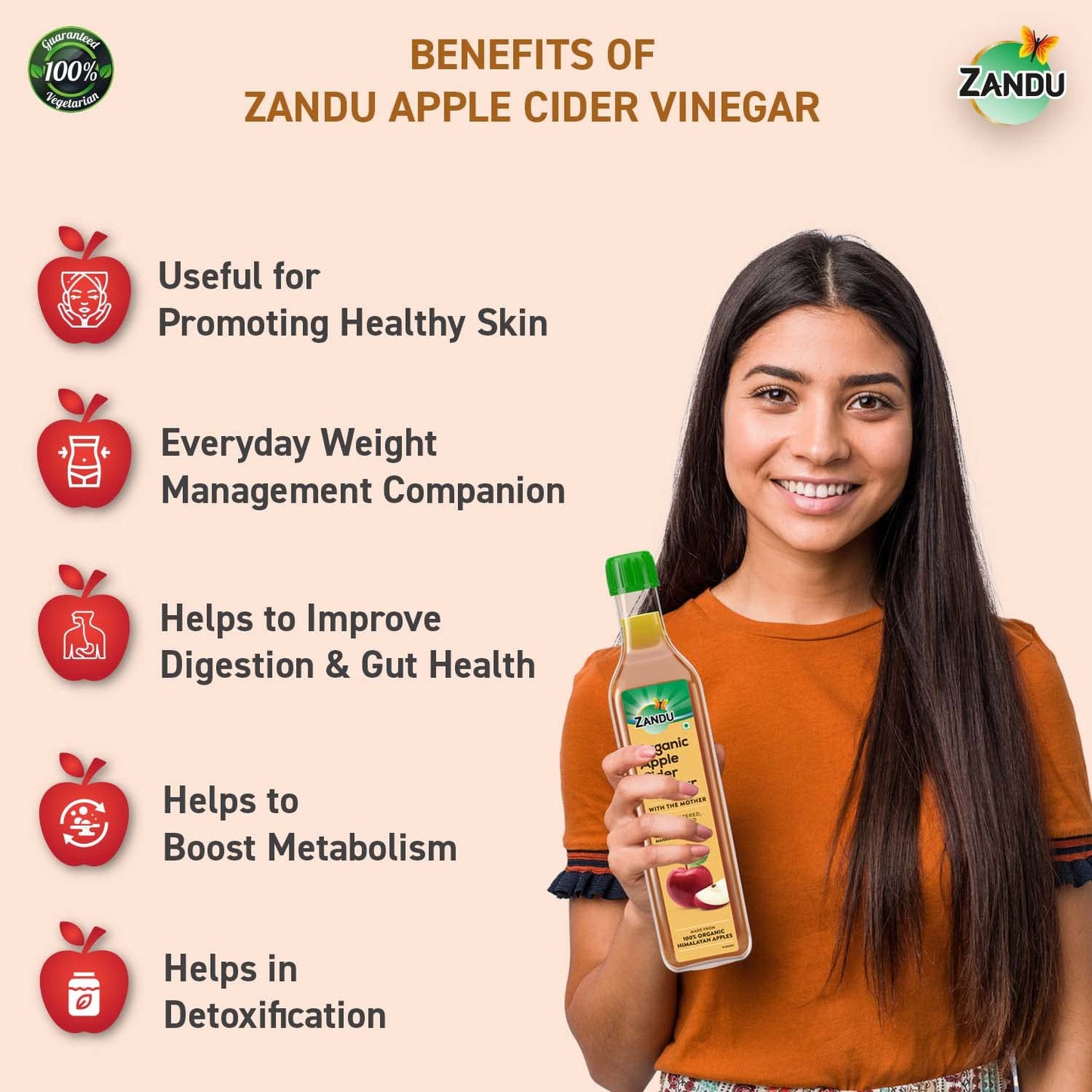 Zandu Organic Apple Cider Vinegar with Mother | Scientifically Tested | Raw, Unfiltered, Unpasteurized | Supports Healthy Weight & Digestion | 100% Organic Apples | 500ml