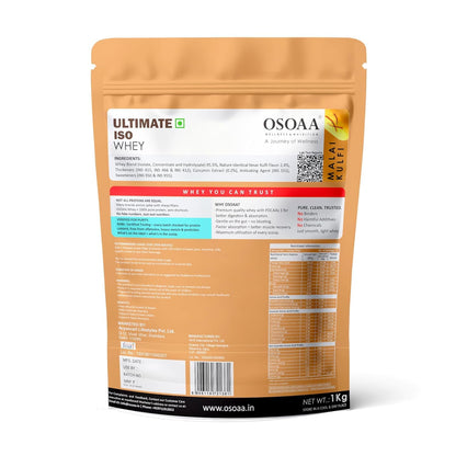 OSOAA Ultimate ISO Whey Protein Isolate Protein - 1kg, Kesar Kulfi | 26g Protein Powder for Muscle Support & Recovery | 100% Authentic Protein Supplement Powder - Batch wise Lab Report