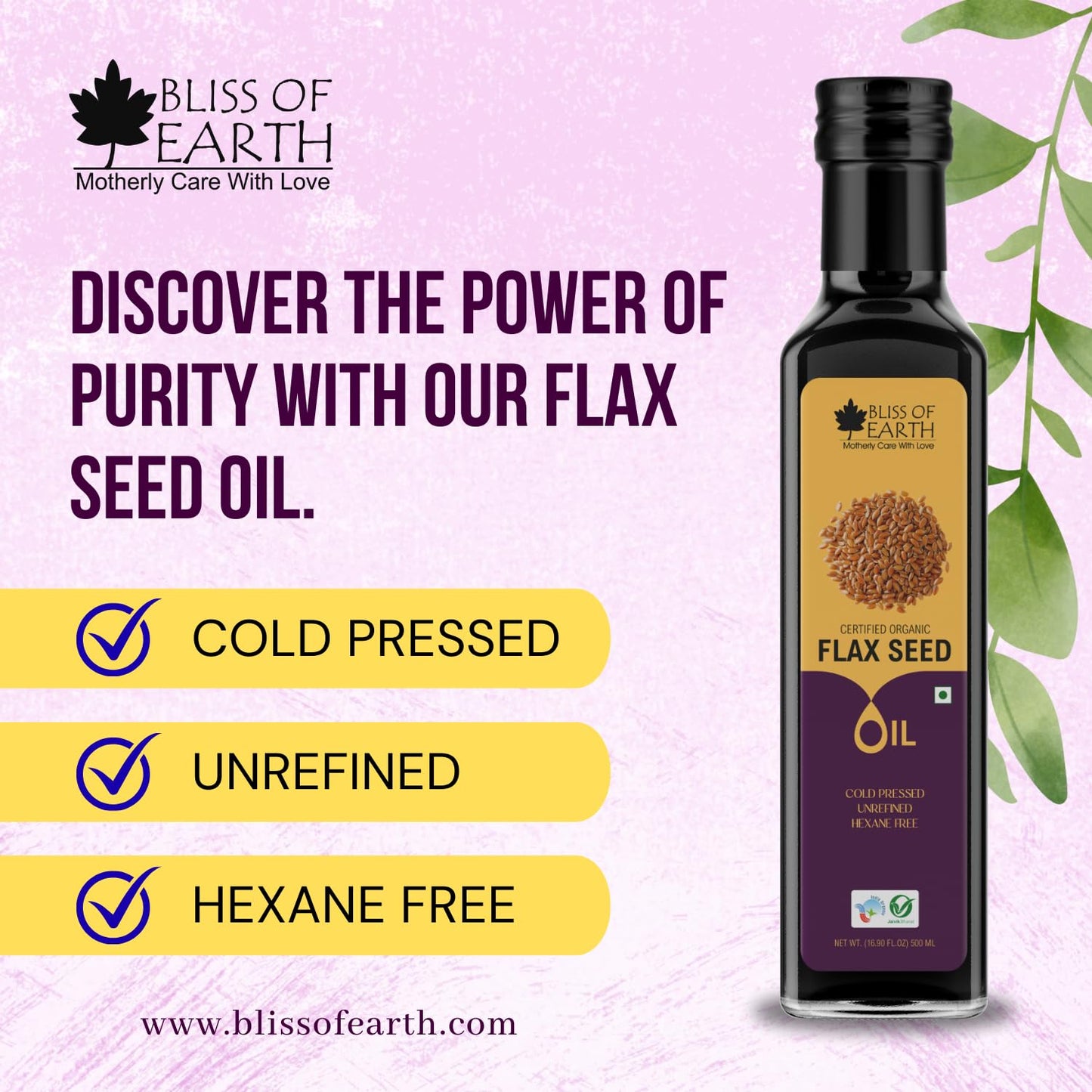 Bliss of Earth 500ML Certified Organic Flaxseed Oil for Eating & Hair, Cold Pressed & Hexane Free