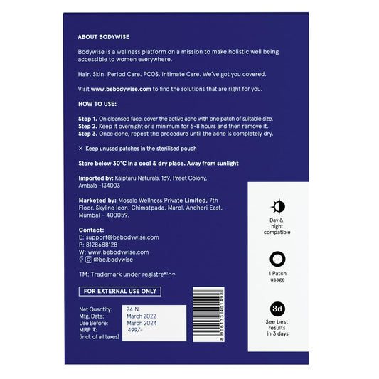 Bodywise Be Bodywise Acne Pimple Patch For Women (24 Dots | 3 Sizes) | Absorbs & Flattens Acne Overnight | Waterproof | Reduces Excess Oil, Shrinks Pimples & Clears Pores | For All Skin Type