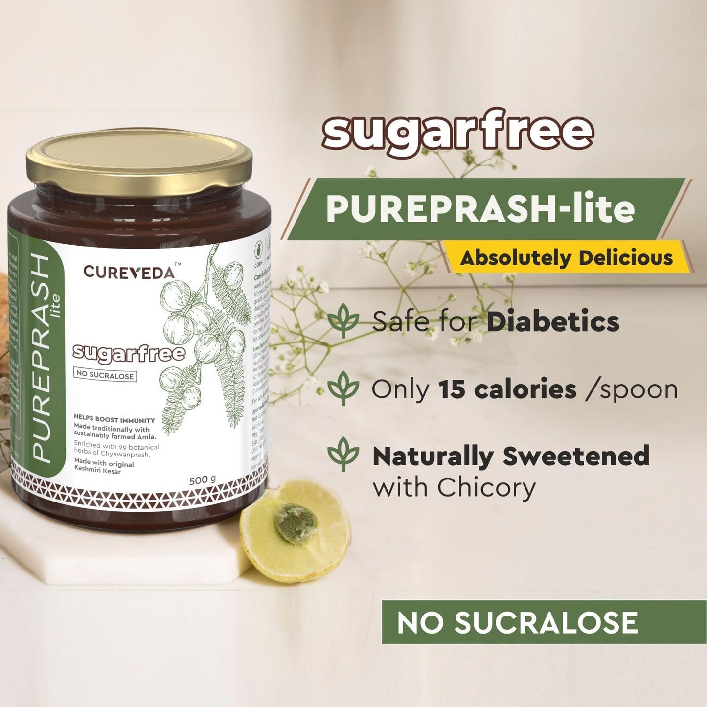 Cureveda Pureprash Lite-Sugarfree Chyawanprash, Safe for Diabetics, Low Calories, Organic Immunity Booster for All Age Groups with Saffron/Kesar, No added Sugar, No Sucralose (500gm)