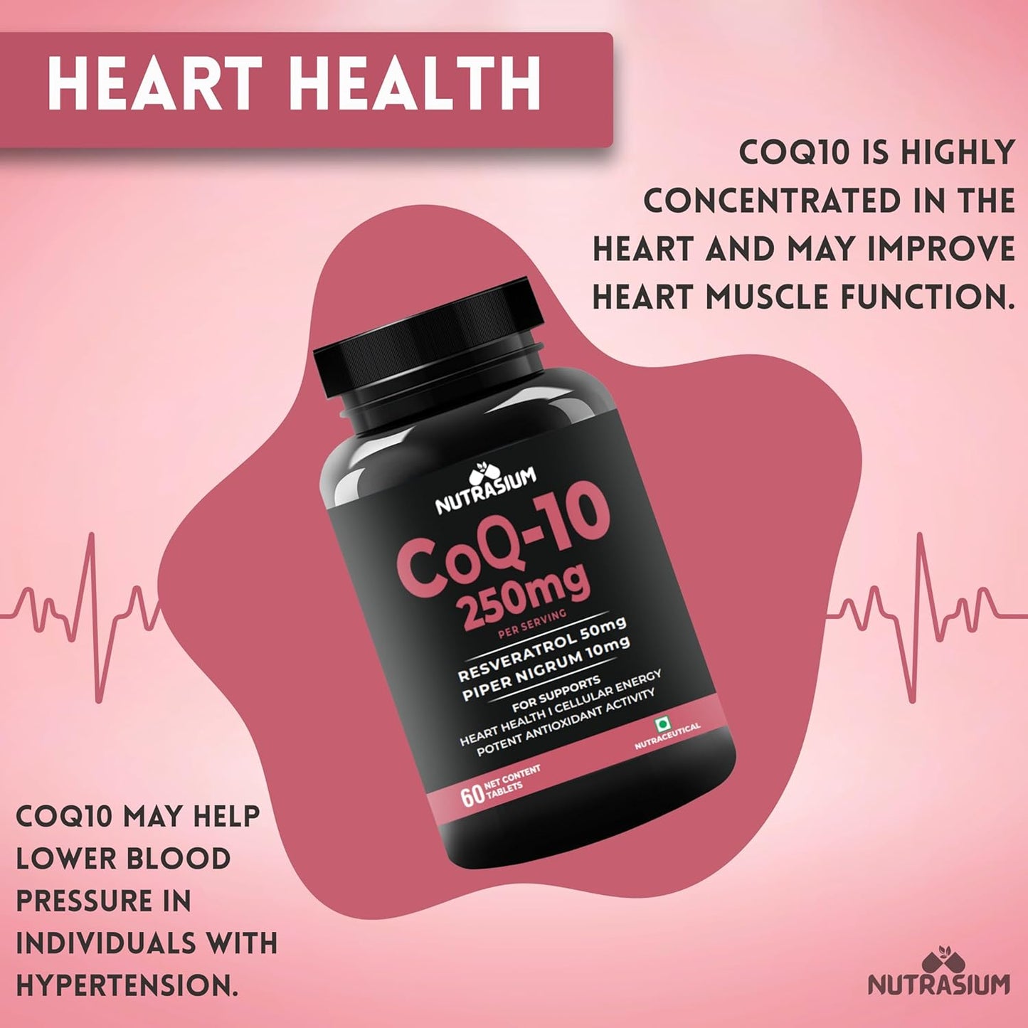 Nutrasium Co Enzyme Q-10 250 mg With Resveratrol | CoQ-10 Supplemets | For Heart & Vascular Health, Cellular Energy Boost, Potent AntiOxidant | 60 Veg Tablets (60 Veg Tablets, Co-Q10)