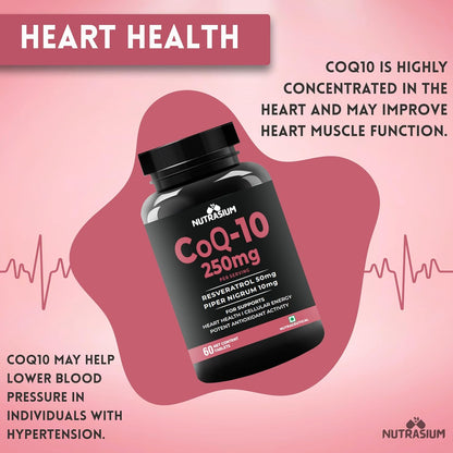 Nutrasium Co Enzyme Q-10 250 mg With Resveratrol | CoQ-10 Supplemets | For Heart & Vascular Health, Cellular Energy Boost, Potent AntiOxidant | 60 Veg Tablets (60 Veg Tablets, Co-Q10)