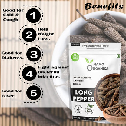 Namo Organics - 75g - Organic Whole Long Pepper - Pipli | Pipal | Pippali - Jumbo Size Harvest