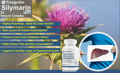 Trexgenics SILYMARIN PLUS 2X Liver Care & Detox with Milk thistle 80% Silymarin 300 mg & Dandelion 4% Flavonoids VEGAN & NON-GMO (60 Veg. Capsules) (Pack of 1)