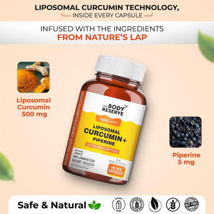 The Body Reserve Liposomal Curcumin Capsules, 500mg with Piperine, Anti-inflammatory Supplement for Adults Pure Turmeric Extract Supplement for High Absorption Joint & Heart Health Support for Adults â€“ 60 caps