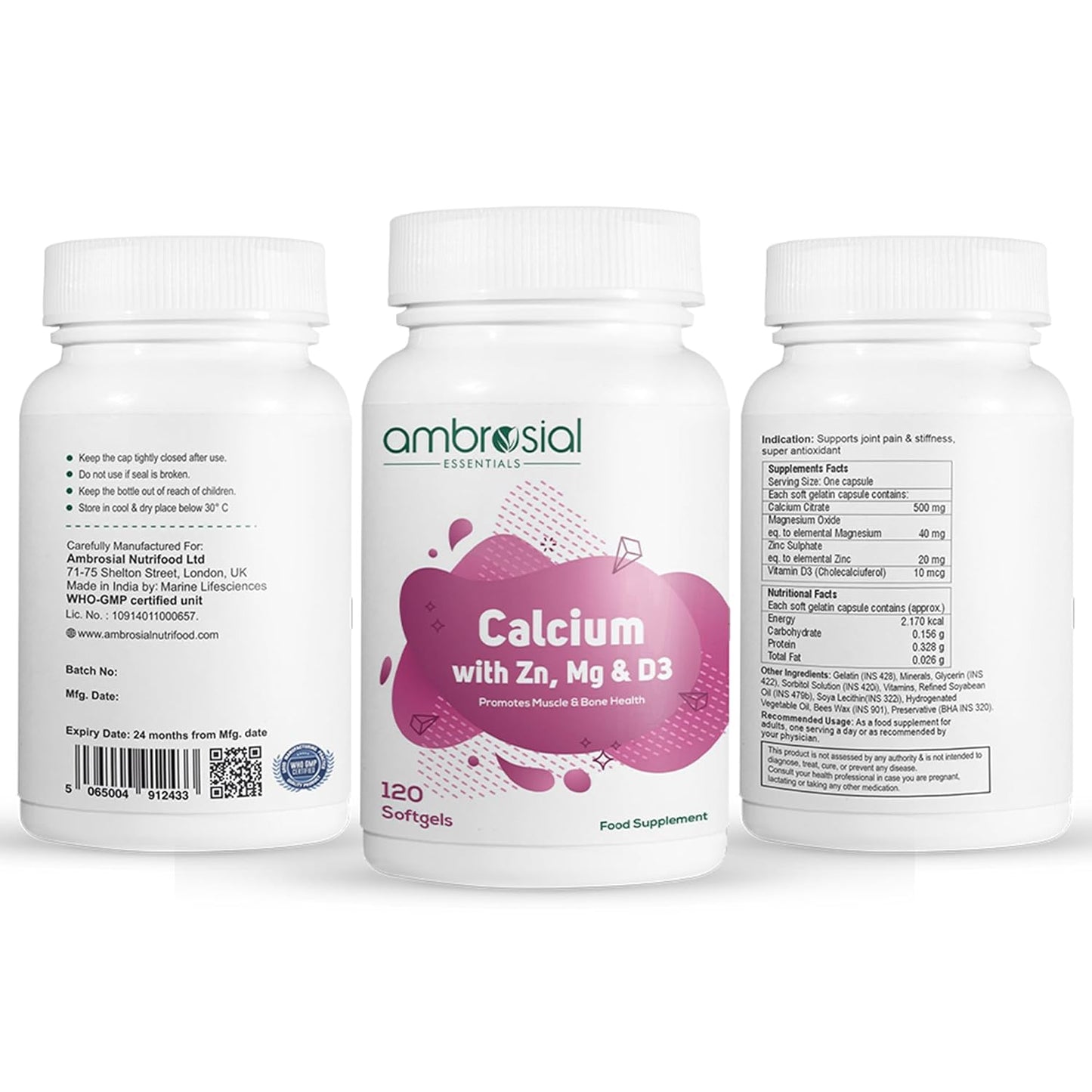 Ambrosial Calcium Magnesium Zinc & Vitamin D3| High Potency Calcium Tablets for Women & Men for Healthy Bones, Muscles & Teeth| Premium Calcium Supplements (Pack of 1-120 Softgels)