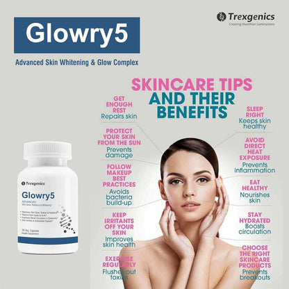 Trexgenics GLOWRY5 Advanced L-GLUTATHIONE Skin Care Complex with Skin Antioxidant Vitamins & Natural Herbs (30 Veg. Capsules) (Pack of 1)