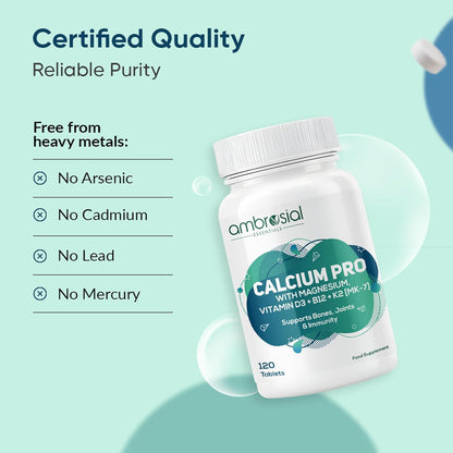 Ambrosial Calcium Pro & Vitamin D3 Tablets with Magnesium, Zinc, Vitamin K2 MK-7 & B12 | Calcium Citrate Malate Supplement With Alfalfa & Moringa Extracts for Men & Women | 120 Vegetarian Tablets