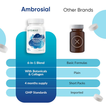 Ambrosial Glucosamine Chondroitin Joint Care Supplement with Curcumin, Collagen, Boswellia & Rosehip Extracts | High Strength Glucosamine Chondroitin for High Mobility & Flexibility | 120 Tablets