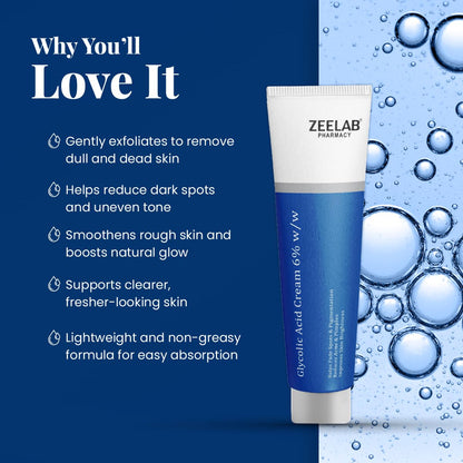 Zeelab Glycolic Acid 6% Cream for Acne, Dark Spots, Oily & Dry Skin, Acne Scars & Pigmentation â€“ Exfoliating & Brightening 6 Percent Glycolic Acid Cream for Face â€“ Dermatologist Recommended â€“ 30g
