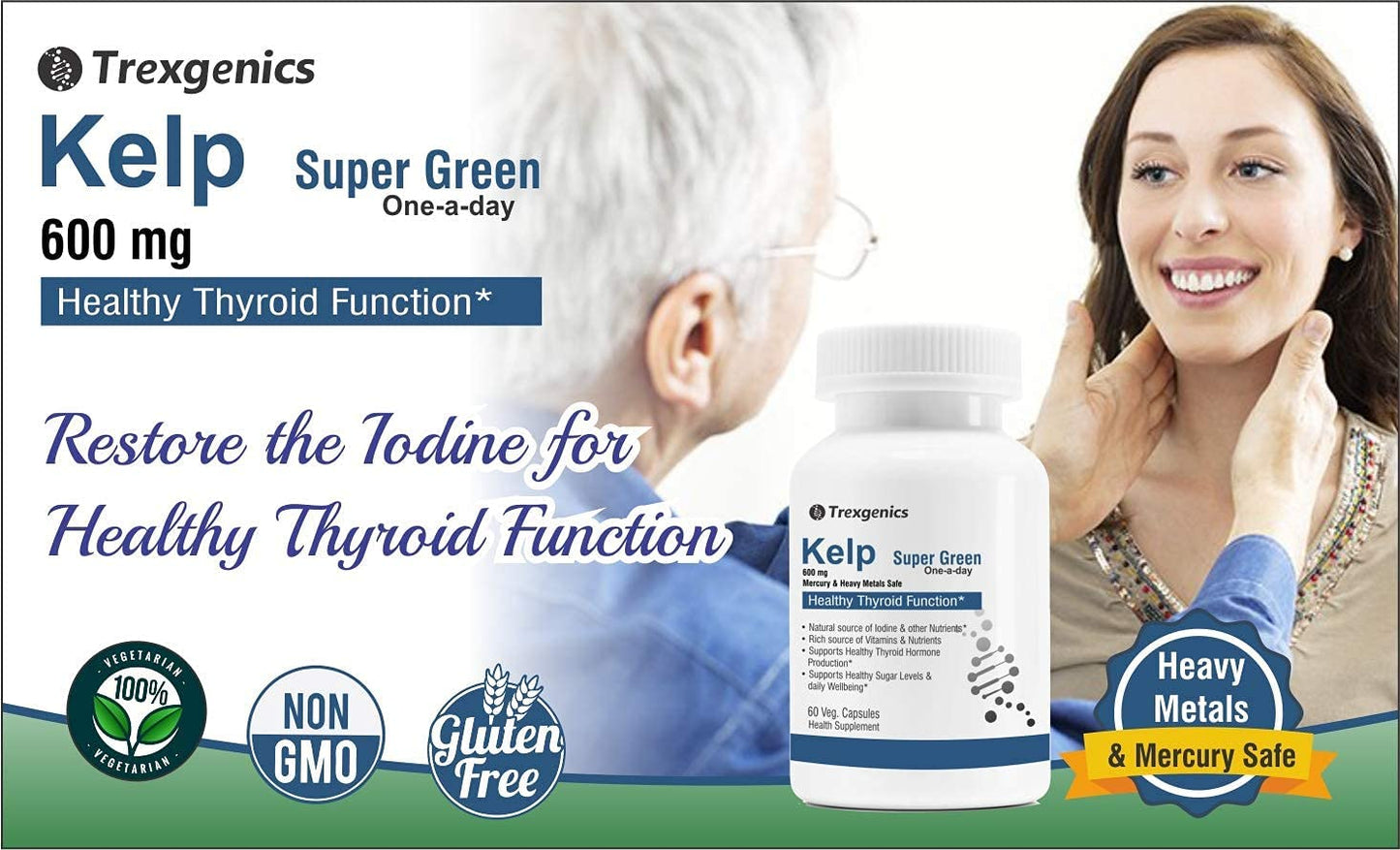 Trexgenics Kelp extract Super Greens, Thyroid Support VEGAN & Gluten Free (60 Vcaps)