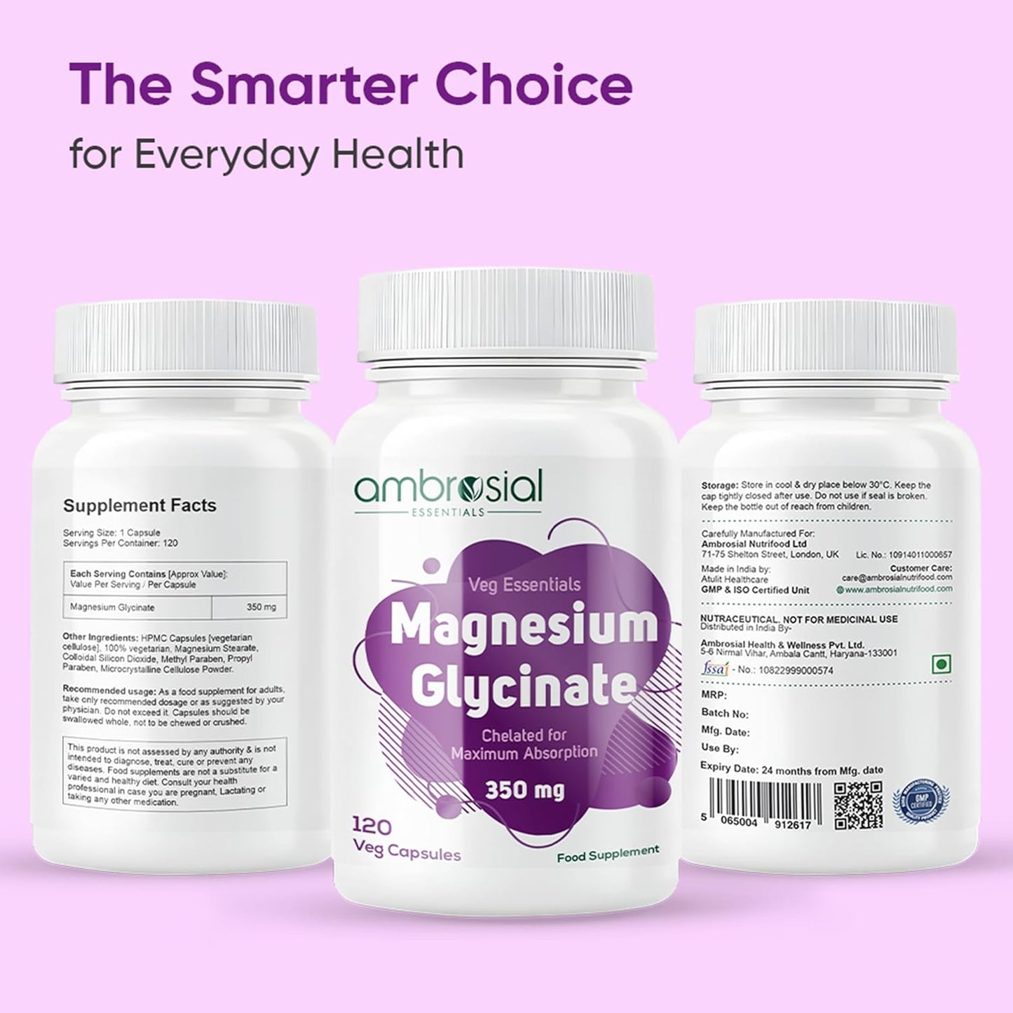 Ambrosial Magnesium Glycinate 350mg | High Absorption Magnesium Supplement for Enhanced Muscle and Nerve Function | Promotes Optimal Bone Health | Tiredness and Fatigue (Pack of 1-120 Capsules)