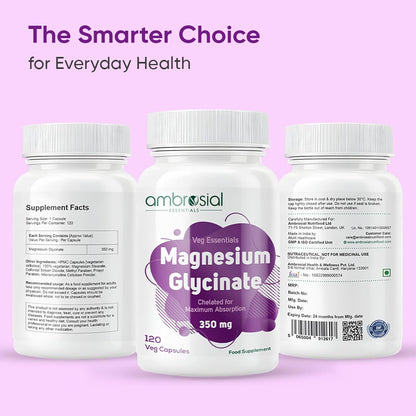 Ambrosial Magnesium Glycinate 350mg | High Absorption Magnesium Supplement for Enhanced Muscle and Nerve Function | Promotes Optimal Bone Health | Tiredness and Fatigue (Pack of 1-120 Capsules)