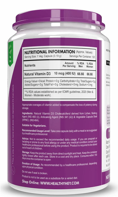 HealthyHey Nutrition Vegan Vitamin D3 - Natural Plant Based - Non GMO - Gluten Free - 400 IU 120 Veg Capsules