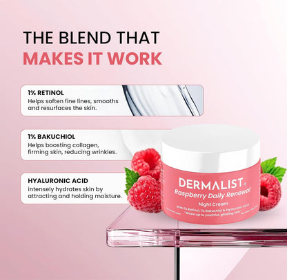 Dermalist Raspberry Daily Renewal 1% Retinol & 1% Bakuchi Oil Anti Ageing Night Cream | Reduces Fine Line & Wrinkles | For Men & Women | 50 G