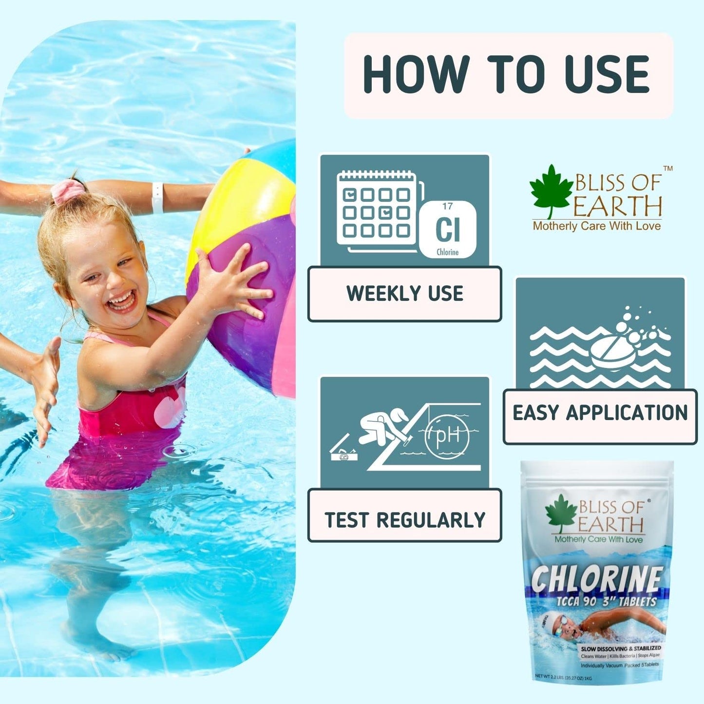 Bliss of Earth Chlorine Tablets for Water Tank - for Clean & Clear Swimming Pool, Kills Bacteria & Stops Algae, Pool Disinfectant 5 Japanese Chlorine Tablets - 1000gm