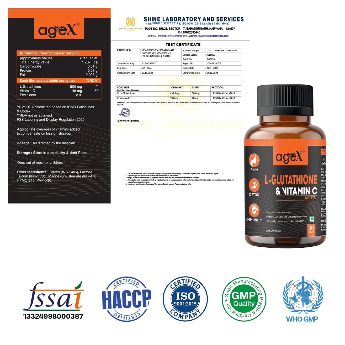 L-Glutathione 500mg + Vitamin C | Advanced Antioxidant & Skin Glow Tablets, Detox Support, Enhance Skin Brightness (500mg) | 30 Tablets (Pack of 1)