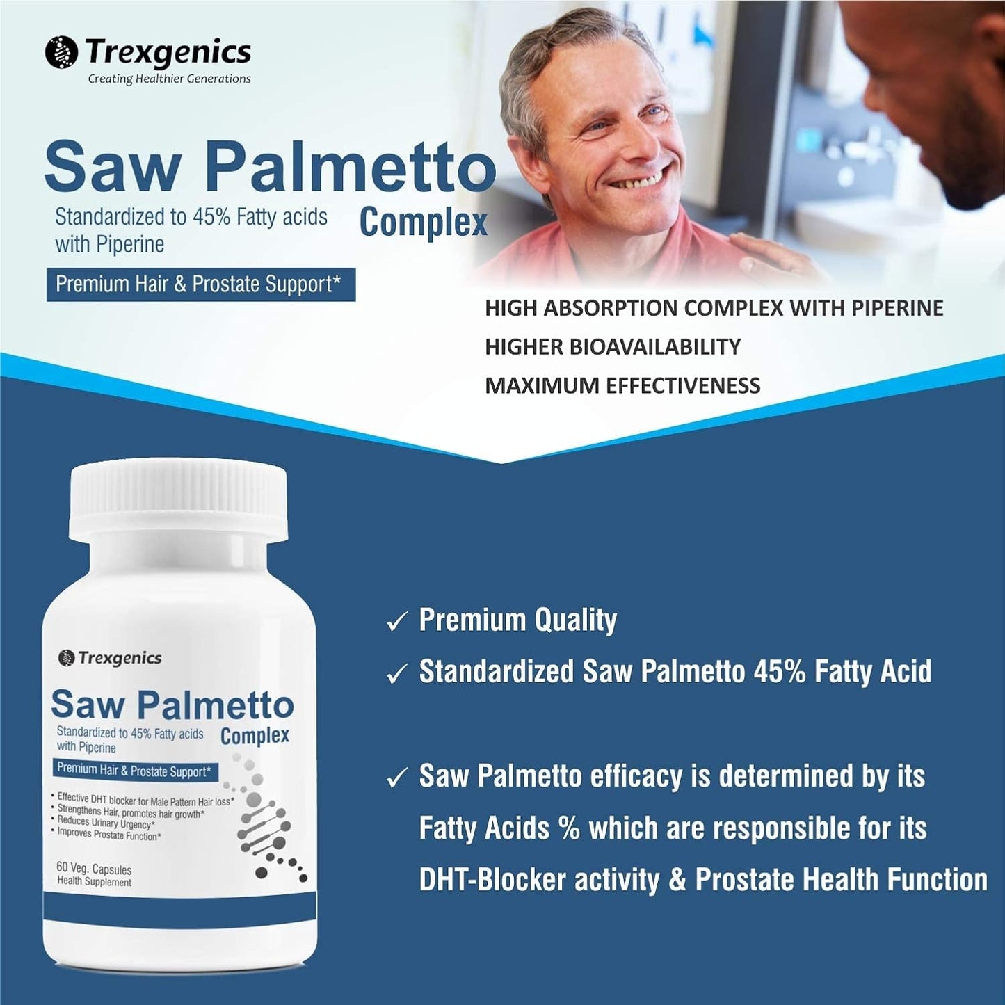 Trexgenics SAW PALMETTO Advanced - High Strength 45% Complex 550 mg with Bio-enhancer Piperine - Hair DHT Blocker & Prostate Support (60 Veg. Capsules) (1)