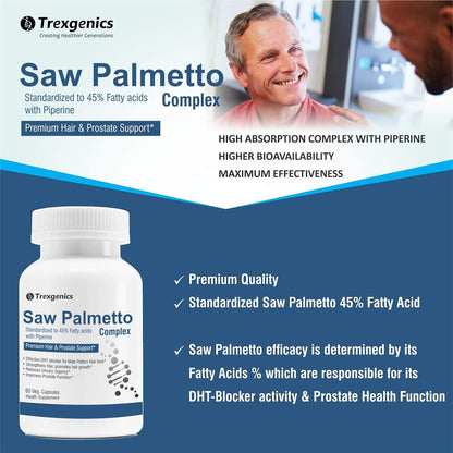 Trexgenics SAW PALMETTO Advanced - High Strength 45% Complex 550 mg with Bio-enhancer Piperine - Hair DHT Blocker & Prostate Support (60 Veg. Capsules) (1)