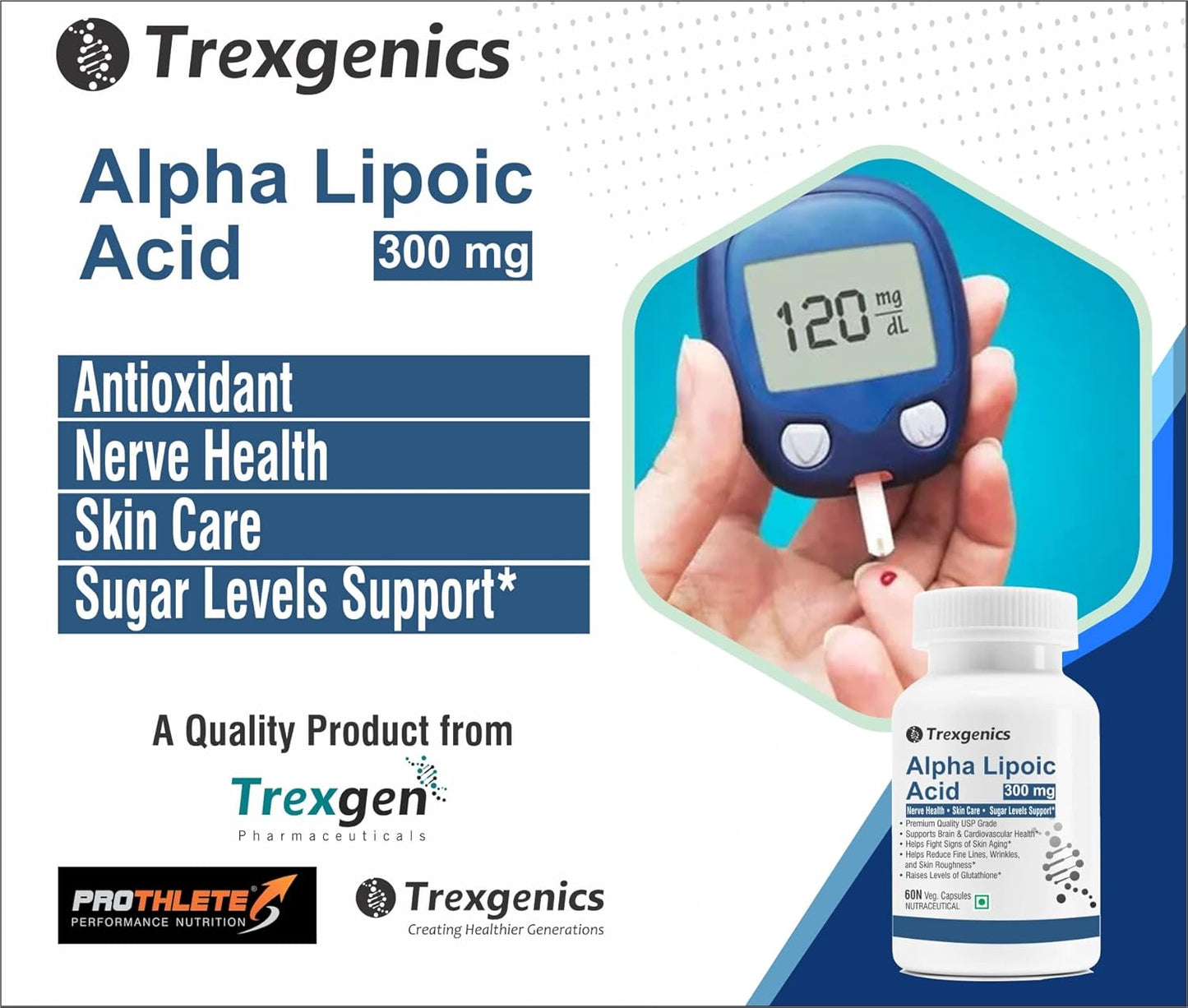 Trexgenics ALPHA LIPOIC ACID 300 mg Glucose metabolism, Liver, Skin, Brain, Nervous System Health Support VEGAN & NON-GMO (60 VCaps) (Pack of 1)