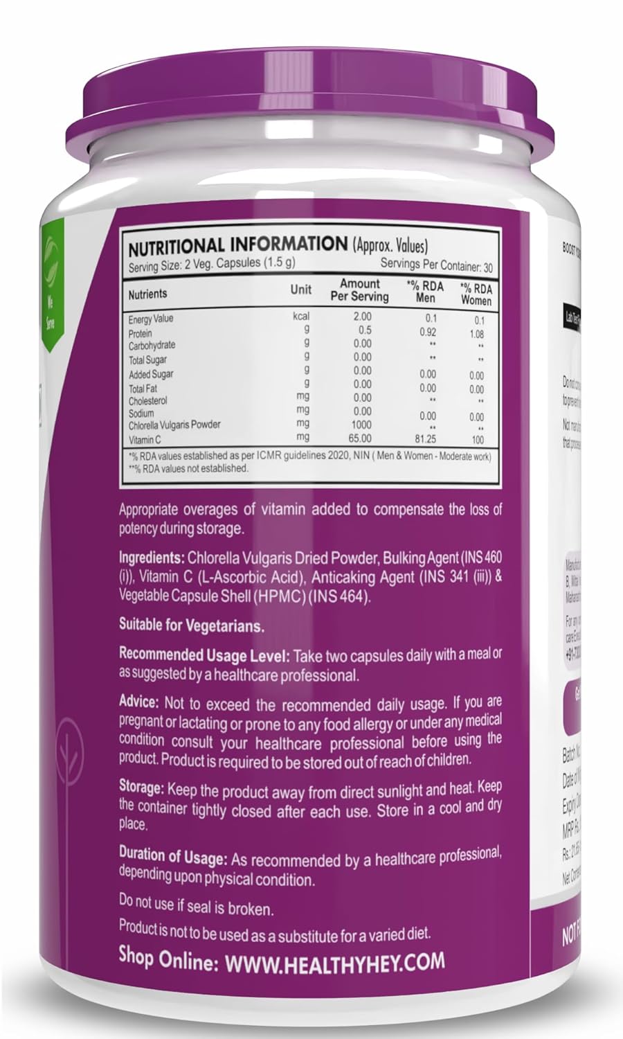 HealthyHey Nutrition Chlorella Vulgaris - 1065mg per serving - 60 Vegetable Capsules