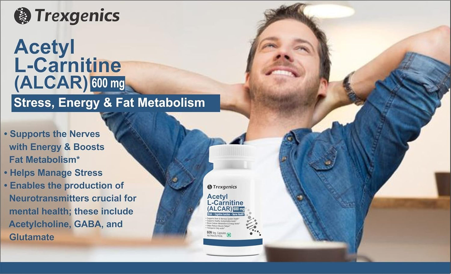 Trexgenics ACETYL-L CARNITINE (ALCAR) 600 mg Nervous System, Cognitive Function, Metabolism, Energy Support VEGAN & NON-GMO (60 Veg. Capsules) (Pack of 1)