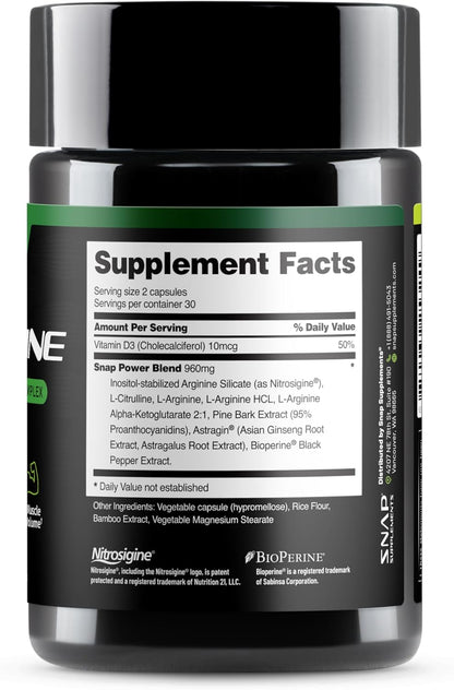 Snap Supplements L-Arginine Capsules with L-Citrulline and 3 Forms of L-Arginine to Support Healthy Circulation, Nitric Oxide & Exercise Performance, 60 Vegan Capsules (30-Day Supply)