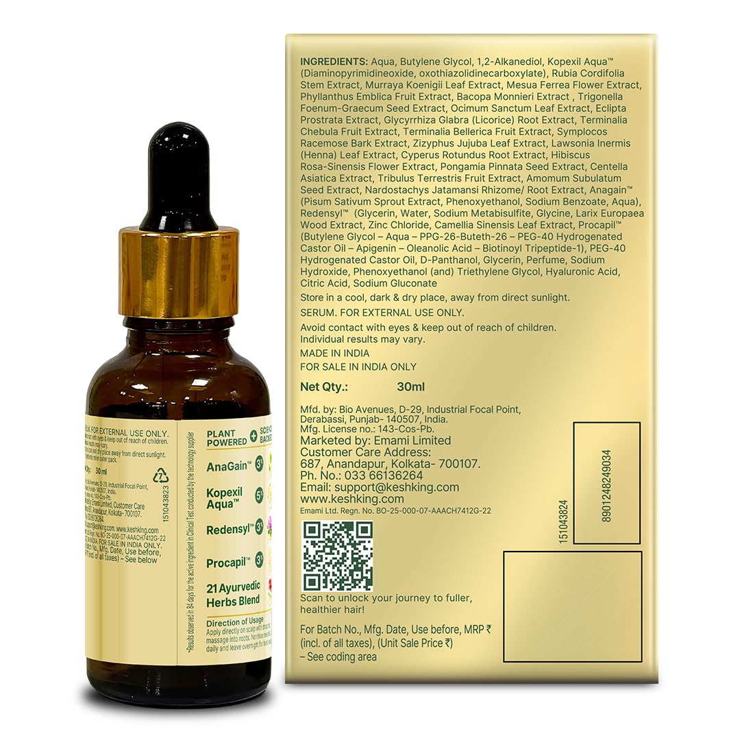 Kesh King Gold Advanced Hair Growth Serum â€“ 21% Growth Actives with 3% Redensyl, 3% Anagain, Procapil, Kopexil Aqua & Ayurvedic Herbs | Visible Regrowth & Hair Fall Control | Women & Men | 30ml