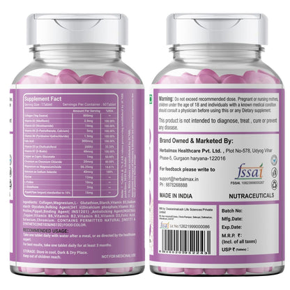 Herbalmax Veg Collagen Supplement Tablets â€“ 60N | 800mg Type 1, 2 & 3 Collagen | For Glow Skin, Hair, Nails, Joints & Bone Support | Enriched with Biotin & L-Glutathione