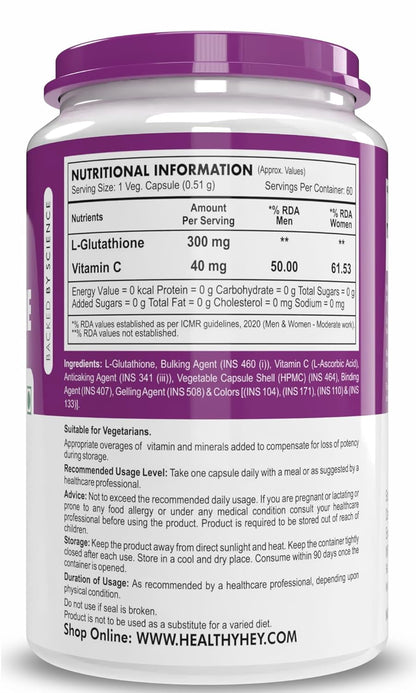 HealthyHey Nutrition Glutathione - Support Skin Health - 100% Vegetarian Source - 300mg - 60 Veg Capsules