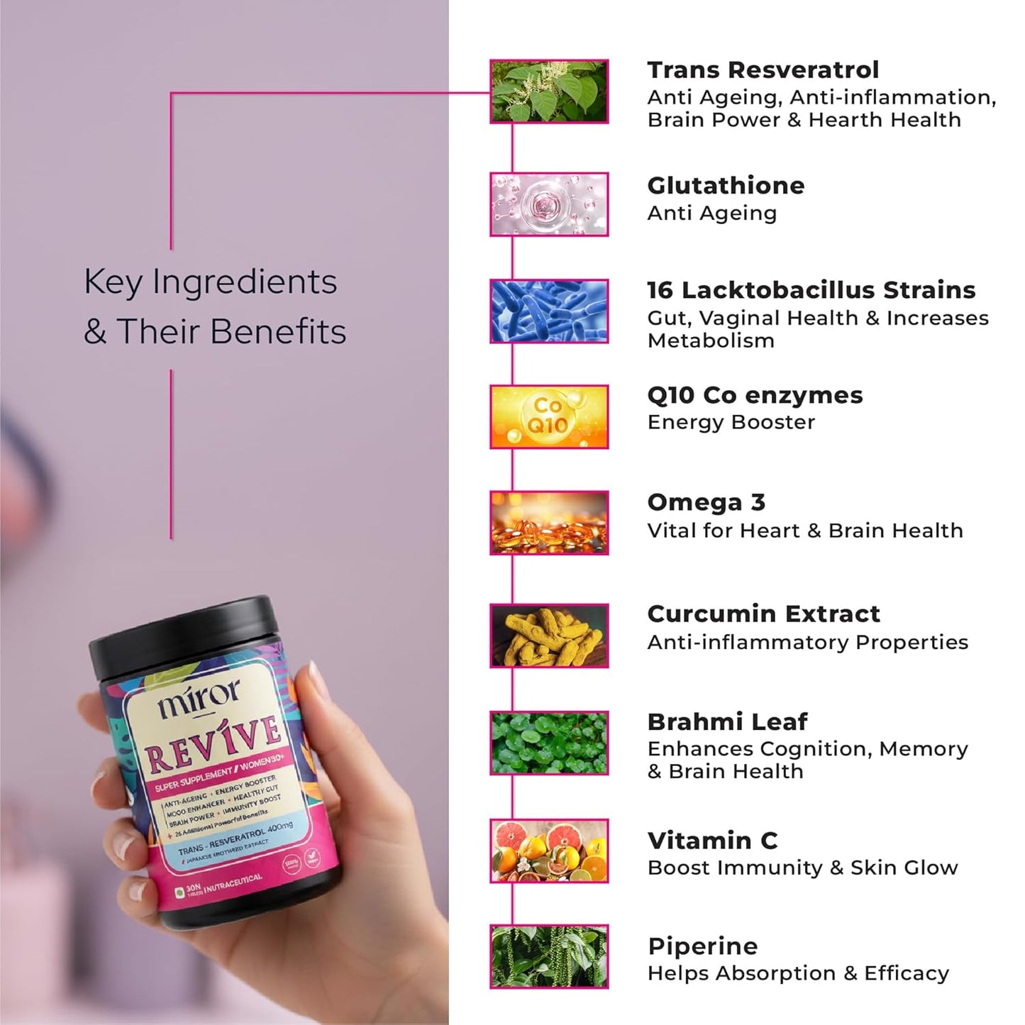Miror Revive Anti-Aging & Womenâ€™s Daily Wellness Supplement with Resveratrol, Glutathione, Curcumin, Probiotics & CoQ10, Energy, Skin Glow, Gut Health & Immunity Support, Non-GMO, (30 Days Pack)