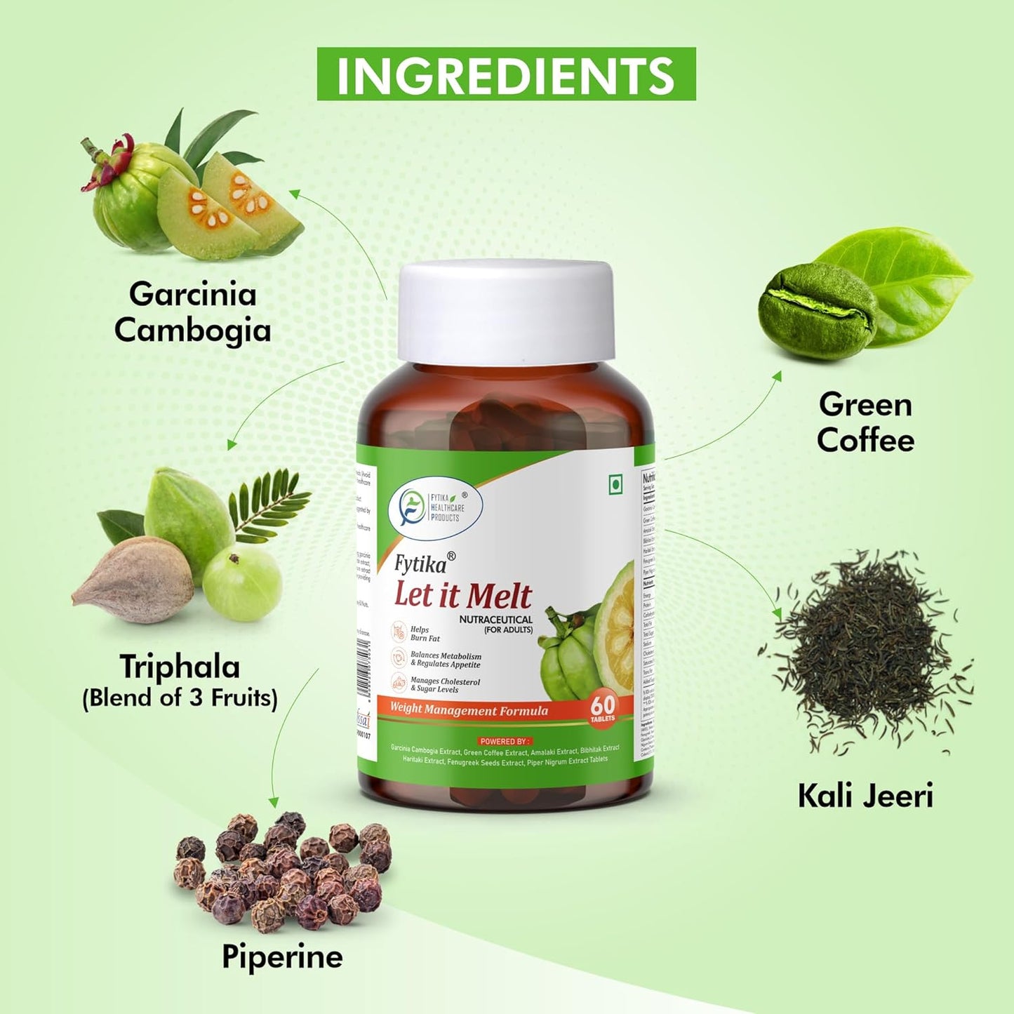 Fytika Let it Melt Weight Management - 60 Tabs | Garcinia Combogia, Green Coffee, Triphala, Kali Jeeri| Healthy Weight Support| for Men & Women Net