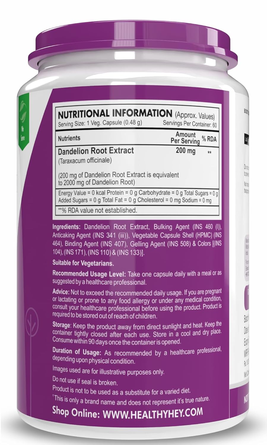 HealthyHey Nutrition Dandelion Root Extract - Natural - 10:1 Ratio - Natural Diuretic & Support Digestion, 60 Vegetable Capsules