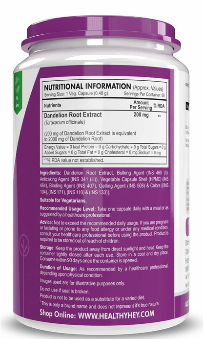 HealthyHey Nutrition Dandelion Root Extract - Natural - 10:1 Ratio - Natural Diuretic & Support Digestion, 60 Vegetable Capsules