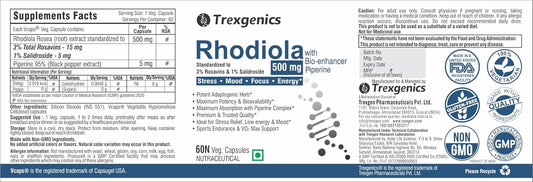 Trexgenics Rhodiola Rosea Standardized 500mg Premium Adaptogen Complex with Piperine (60 Veg.Capsules) (1)