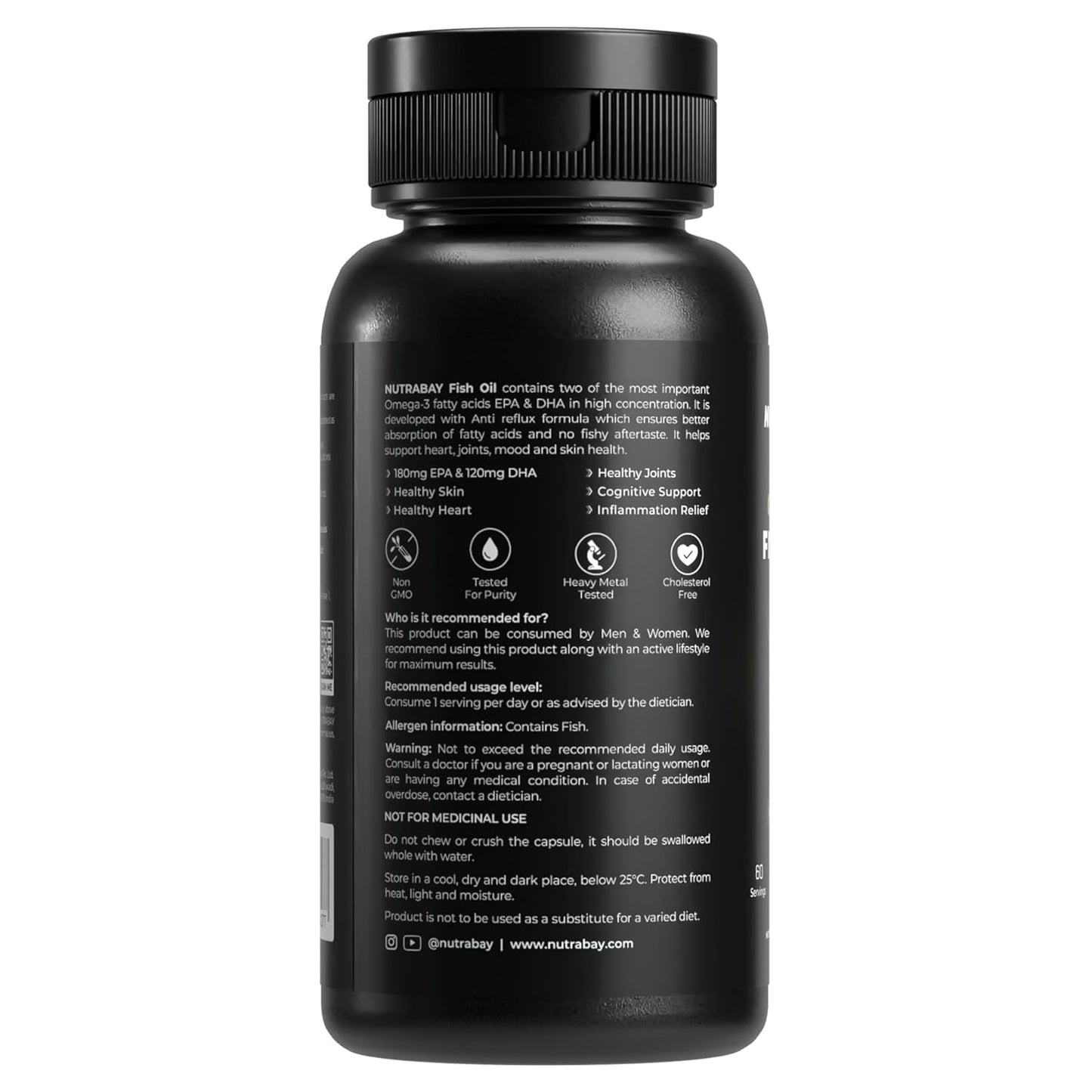 Nutrabay Wellness Omega 3 Fish Oil 1000mg per Capsule, 180mg EPA, 120mg DHA â€“ Vision, Memory, Heart, Skin & Hair Support, No Fishy Aftertaste â€“ 60 Softgel Capsules | Tested for Purity | 100% Authentic