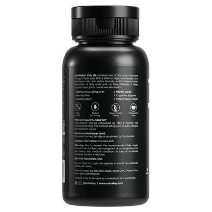 Nutrabay Wellness Omega 3 Fish Oil 1000mg per Capsule, 180mg EPA, 120mg DHA â€“ Vision, Memory, Heart, Skin & Hair Support, No Fishy Aftertaste â€“ 60 Softgel Capsules | Tested for Purity | 100% Authentic