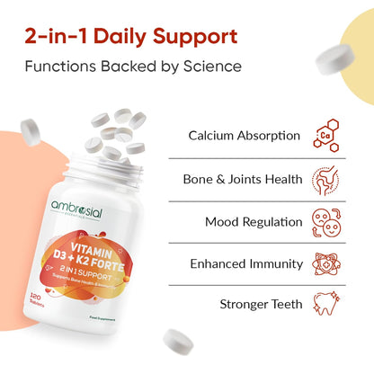 Ambrosial Vitamin D3 K2 Forte 120 Tablets | Vitamin D 3 k 2 Supplement for Bone, Heart & Immune Health Vitamin D3 (600 IU) with MK-7 Vitamin K2 | Plant-Based High Absorption Daily supplements