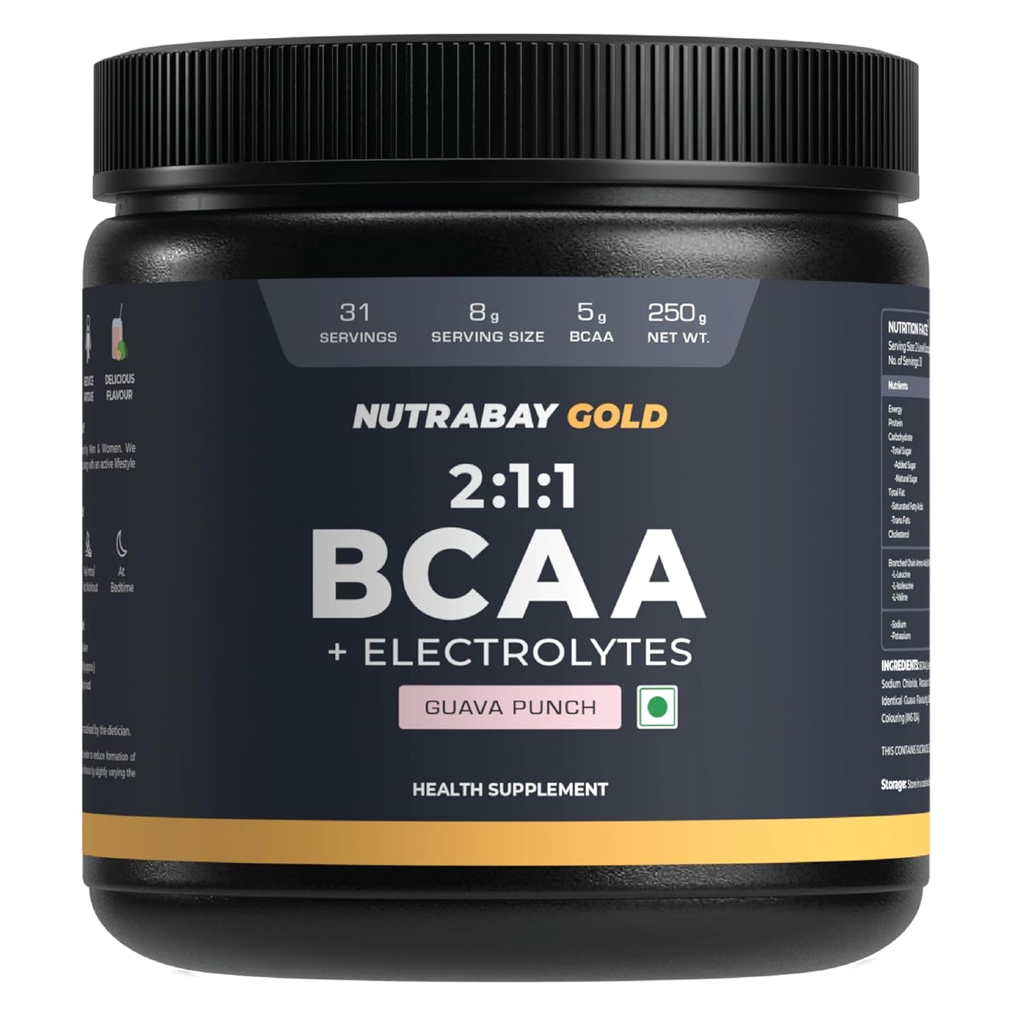 Nutrabay Gold BCAA 2:1:1 with Electrolytes 5000 mg Vegan BCAAs per Serving â€“ Pre/Post Workout Drink for Muscle Build Up & Faster Recovery - Tested for Purity - No Banned Substances â€“ 250g, Guava