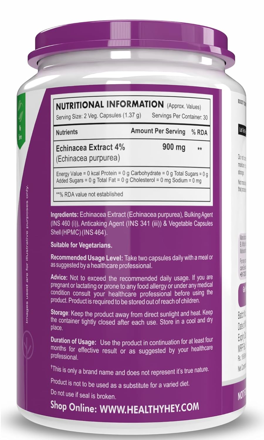 HealthyHey Nutrition Echinacea for Immune Health to Support Immune System 60 Veg. Capsules