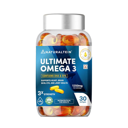 NATURALTEIN Omega-3 Fish Oil 1250mg Triple Strength Softgels | 450mg EPA & 300mg DHA in Triglyceride Form for Better Absorption | Heart, Brain, Eye & Joint Support | Glyphosate-Free | 30 Capsules