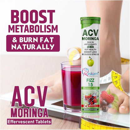 ACV Moringa Effervescent Tablets | Fizz 15 Tablets in Mixberries Flavour | Natural Energy & Immunity Booster with Antioxidants to Control Cravings | 500mg (Pack of 1)