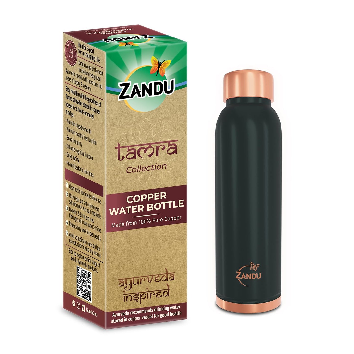 Zandu Copper Bottle : Prepared with 100% Pure Copper |Supports Digestive & Liver Health | Helps Enhance Immunity| Useful in Promoting Overall Health (Pack of 950 ml)