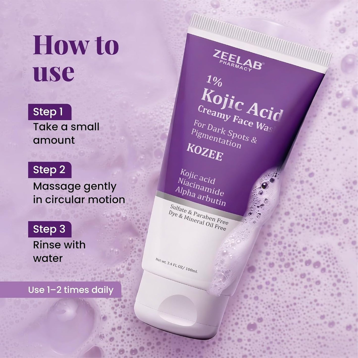 Zeelab Kozee Kojic Acid 1% Face Wash for Dark Spots & Uneven Skin Tone | With Alpha Arbutin, Niacinamide & Vitamin E | Gentle Brightening & Cleansing Face Wash | Suitable for All Skin Types | 100ml